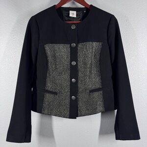 Cabi Panel Mixed Media Jacket | Black Blazer w/Textured Dark Green/Gray Panels
